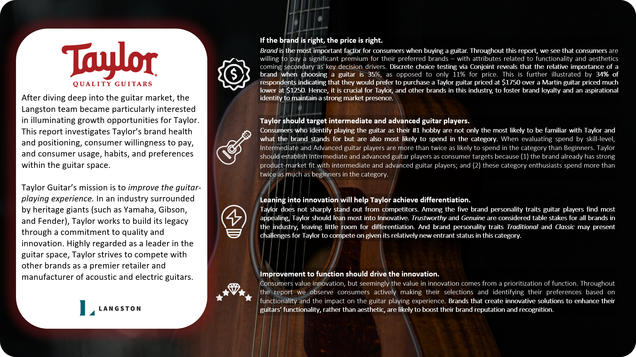 A report page about Taylor Guitars with a logo and a paragraph on the left, and a background image of an acoustic guitar with five icon illustrations and related text on the right.